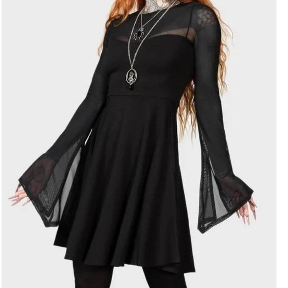 Killstar Struck by Night Dress Sheer Bell Sleeves Medium Black Mesh Witchy Goth